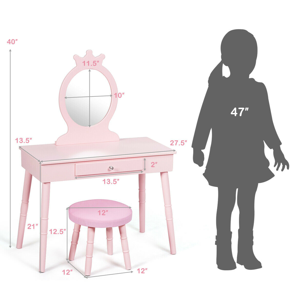 Kids Vanity Makeup Table and Chair Set Make Up Stool Kids Crystal