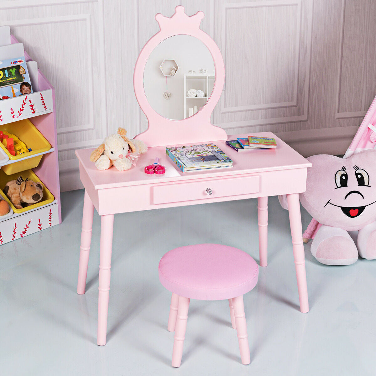 Kids Vanity Makeup Table and Chair Set Make Up Stool Kids Crystal