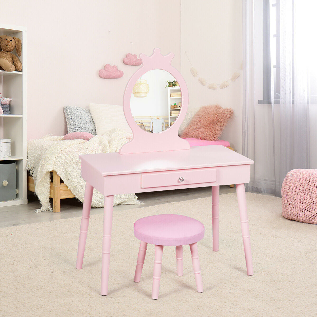 Kids Vanity Makeup Table and Chair Set Make Up Stool Kids Crystal