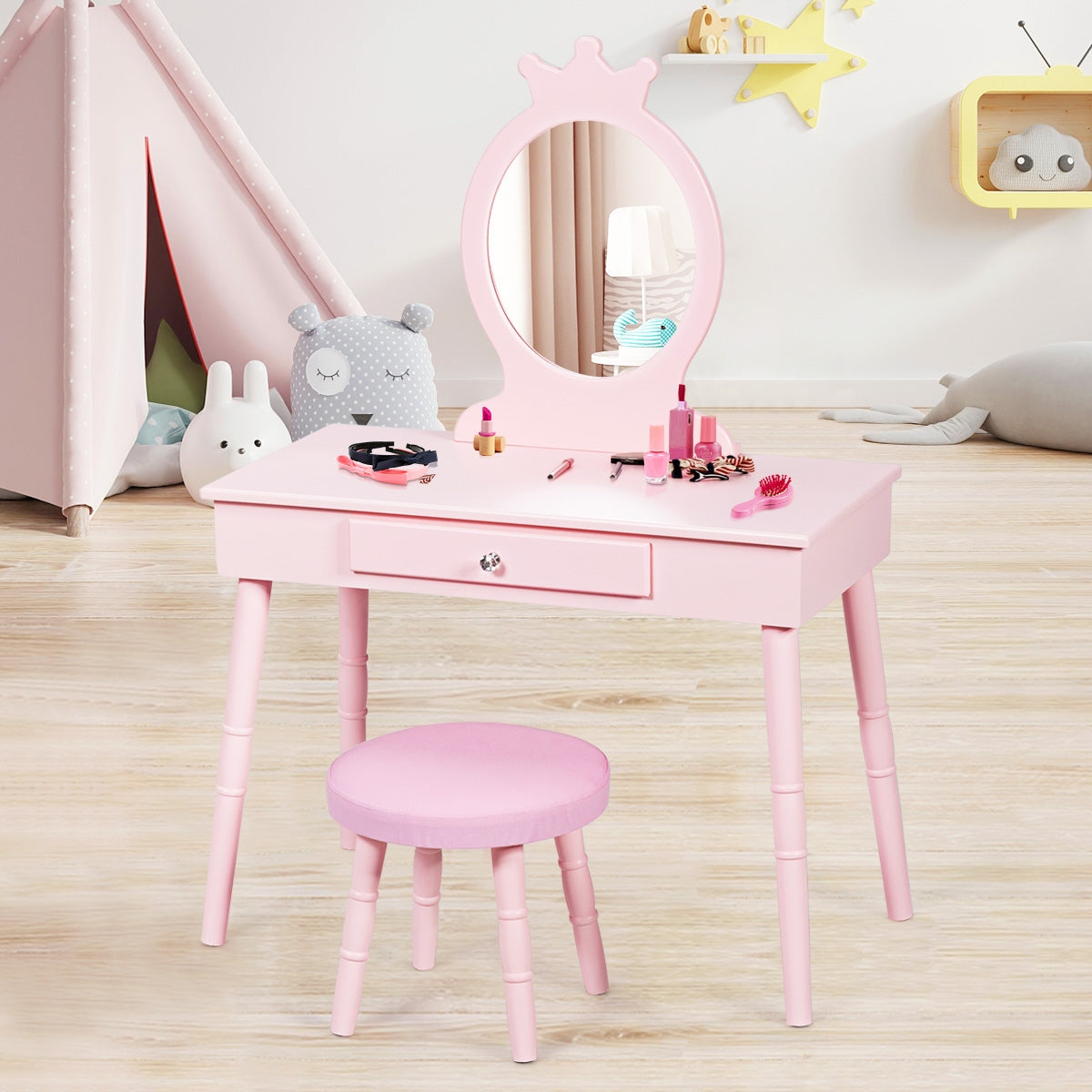 Kids Vanity Makeup Table and Chair Set Make Up Stool Kids Crystal