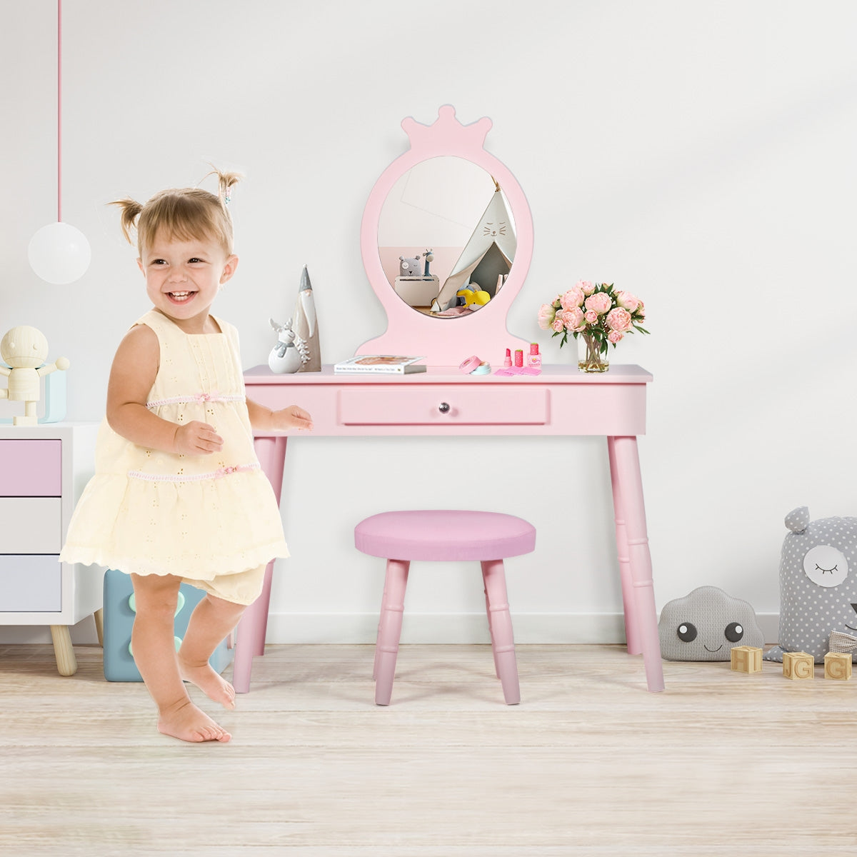 Kids Vanity Makeup Table and Chair Set Make Up Stool Kids Crystal
