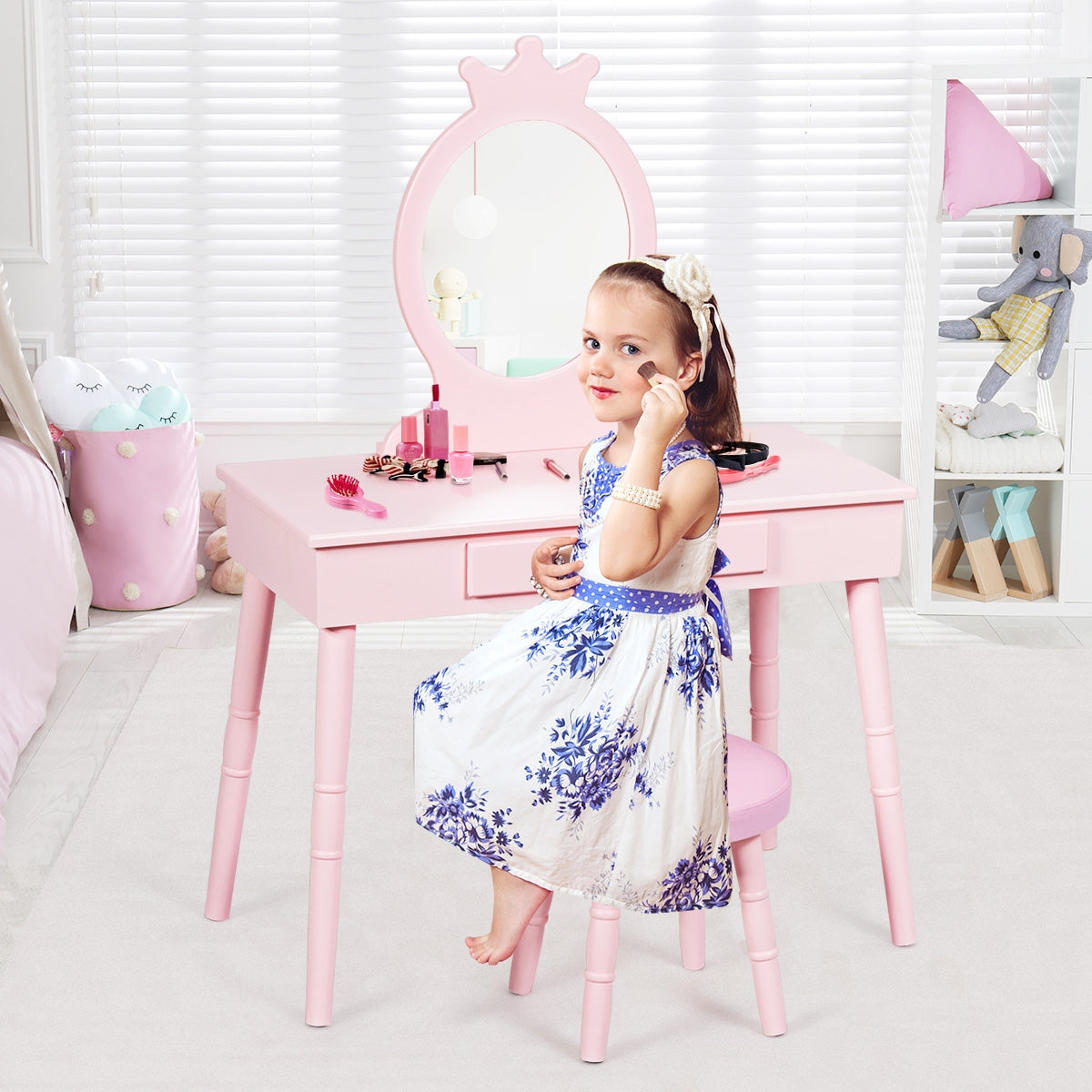 Kids Vanity Makeup Table and Chair Set Make Up Stool Kids Crystal