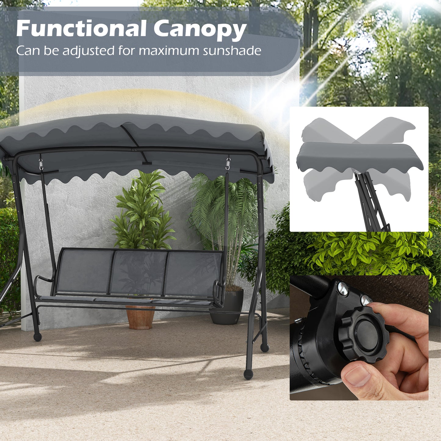3-Seat Outdoor Porch Canopy Swing with Adjustable Shading-Gray Kids Crystal