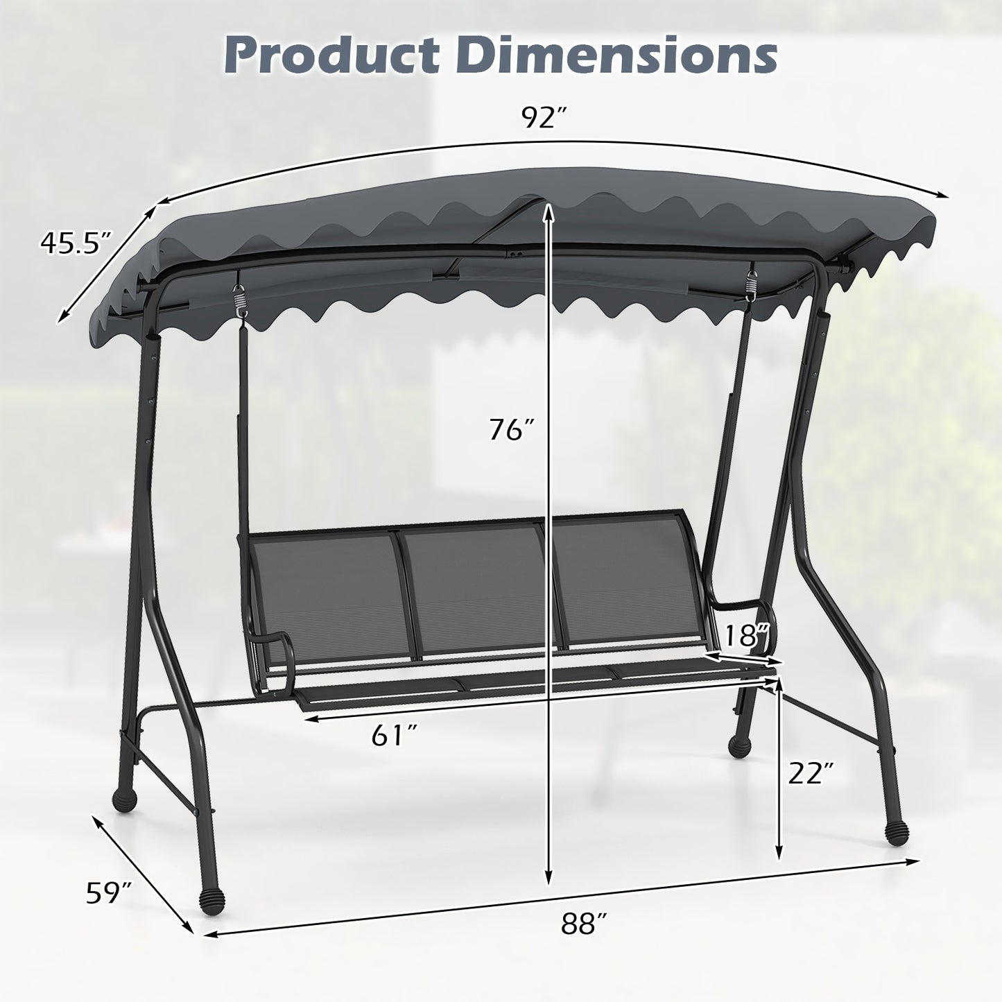 3-Seat Outdoor Porch Canopy Swing with Adjustable Shading-Gray Kids Crystal