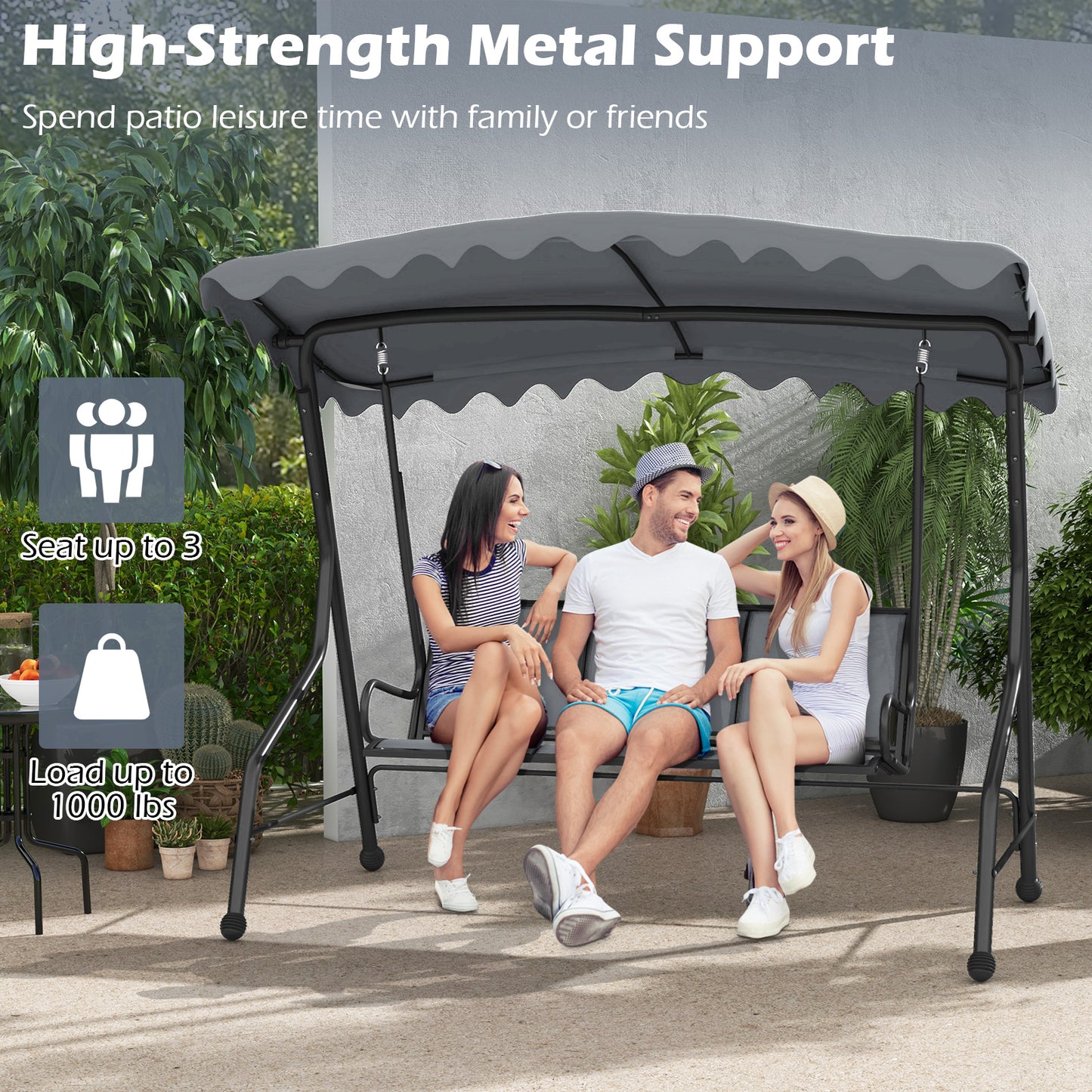 3-Seat Outdoor Porch Canopy Swing with Adjustable Shading-Gray Kids Crystal