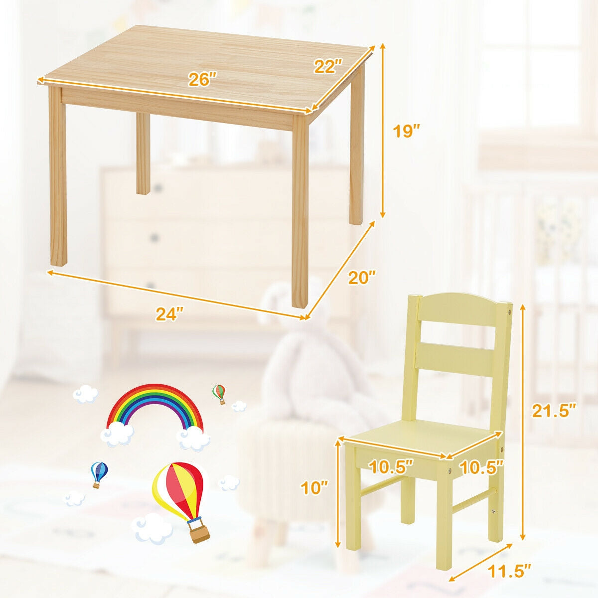 5 Pieces Kids Pine Wood Multicolor Table Chair Set-Multicolor Kids Crystal