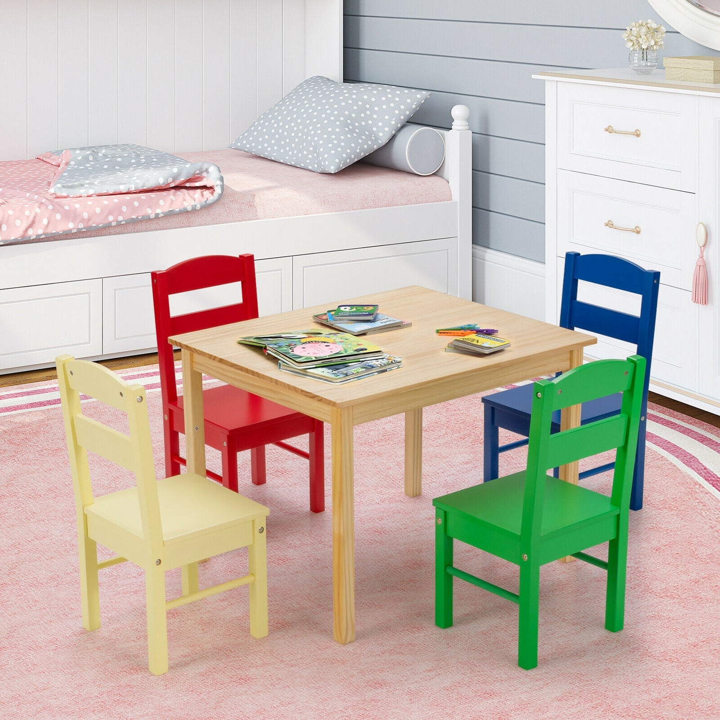 5 Pieces Kids Pine Wood Multicolor Table Chair Set-Multicolor Kids Crystal