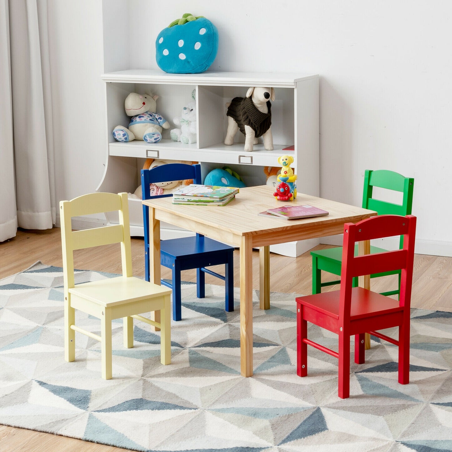 5 Pieces Kids Pine Wood Multicolor Table Chair Set-Multicolor Kids Crystal