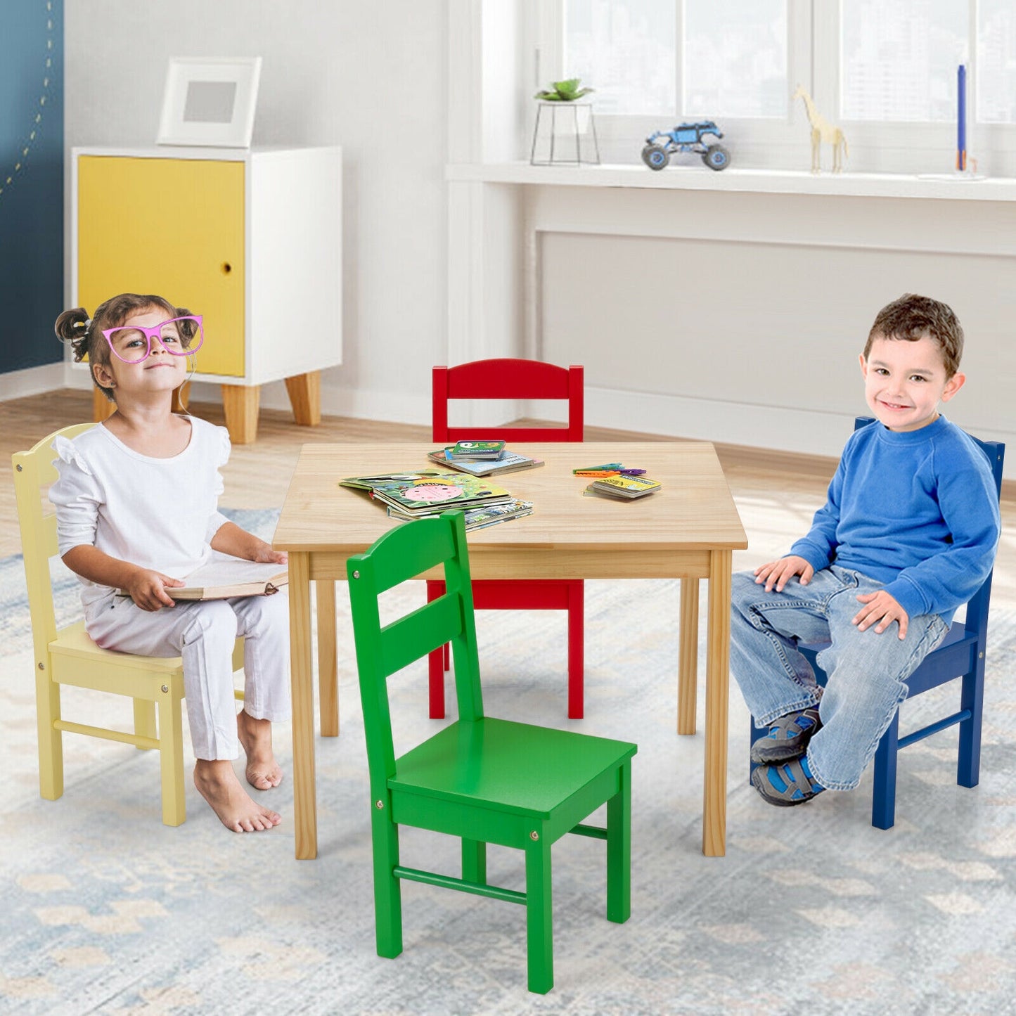 5 Pieces Kids Pine Wood Multicolor Table Chair Set-Multicolor Kids Crystal