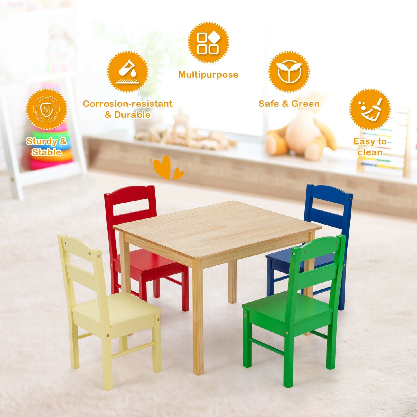 5 Pieces Kids Pine Wood Multicolor Table Chair Set-Multicolor Kids Crystal