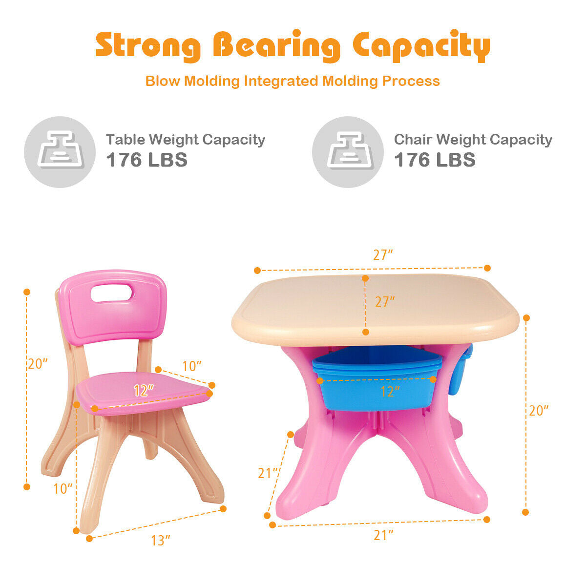 In/Outdoor 3-Piece Plastic Children Play Table & Chair Set-Pink Kids Crystal