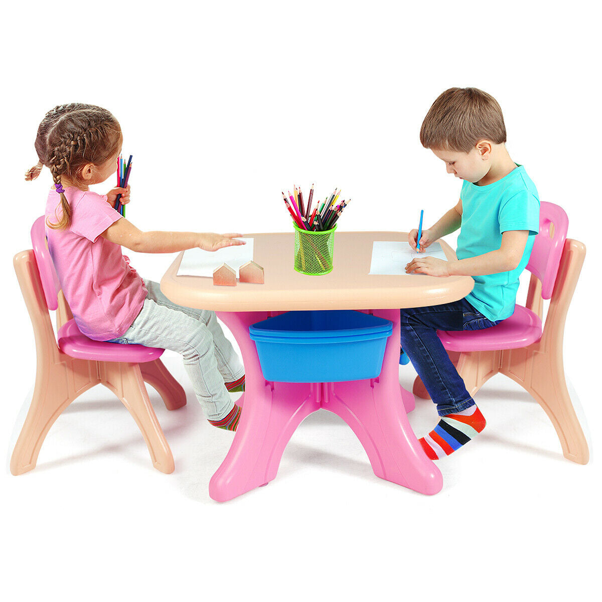 In/Outdoor 3-Piece Plastic Children Play Table & Chair Set-Pink Kids Crystal