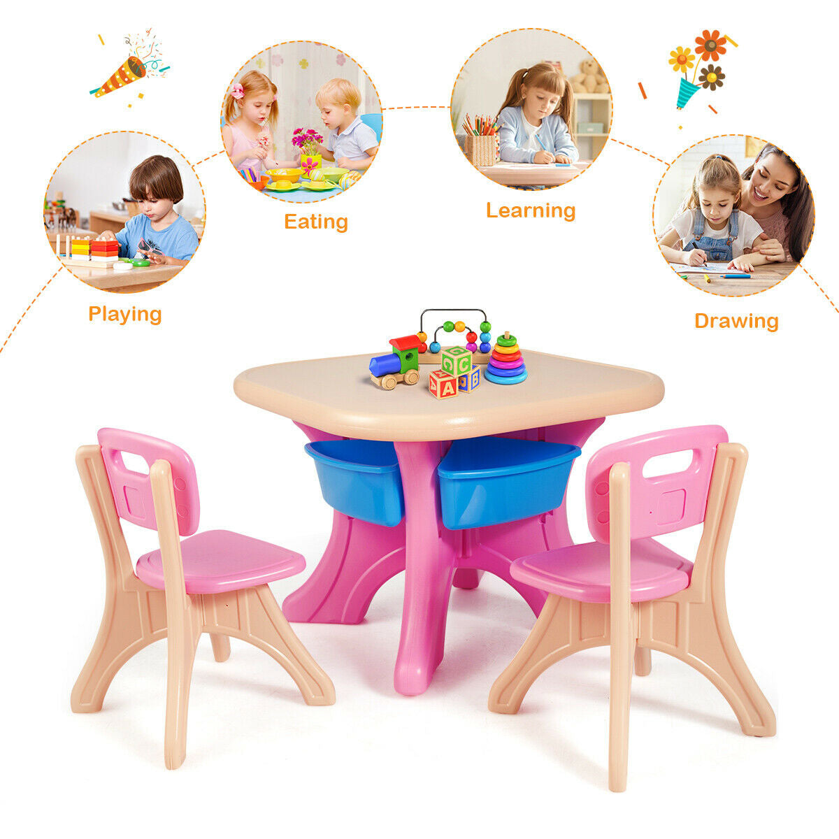 In/Outdoor 3-Piece Plastic Children Play Table & Chair Set-Pink Kids Crystal