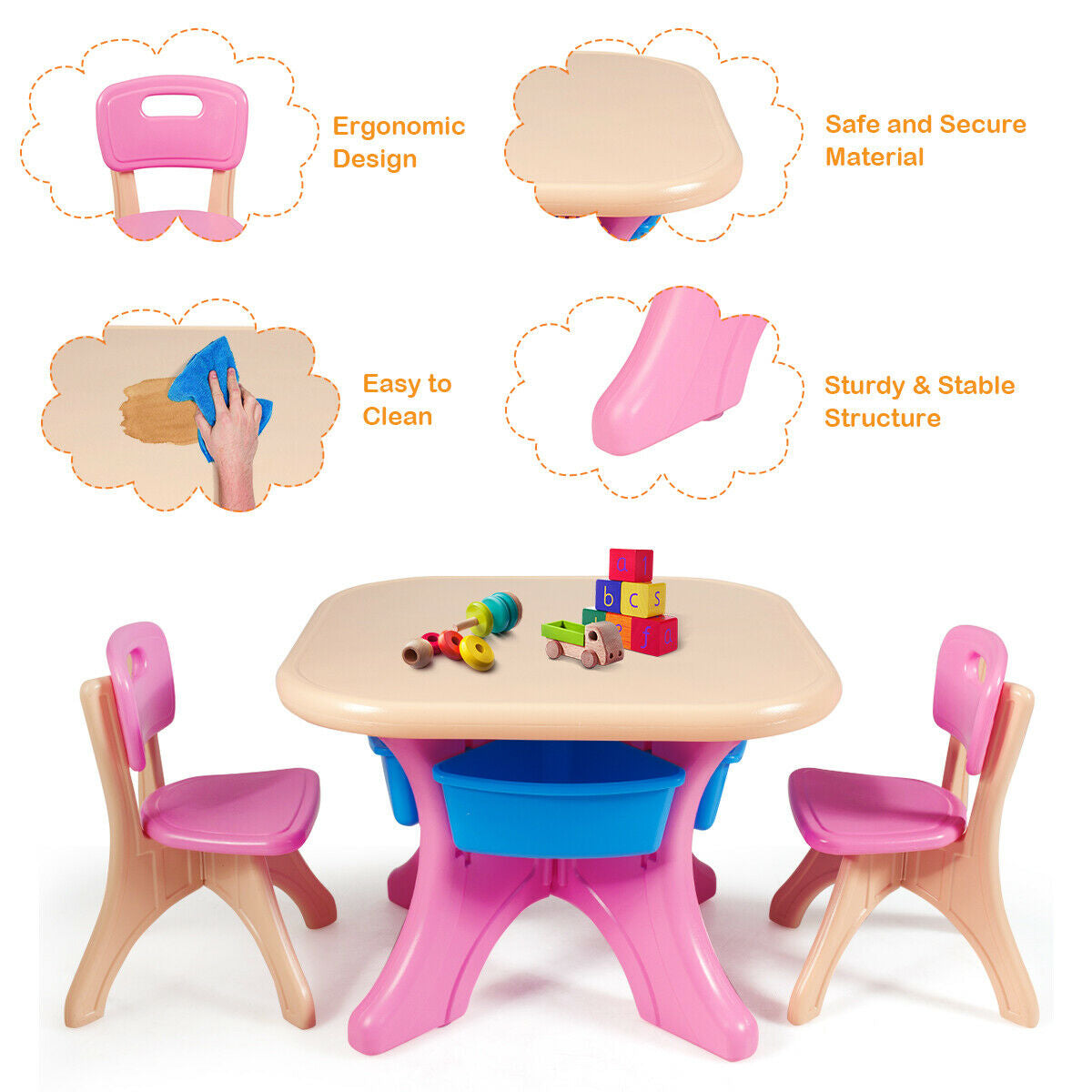 In/Outdoor 3-Piece Plastic Children Play Table & Chair Set-Pink Kids Crystal