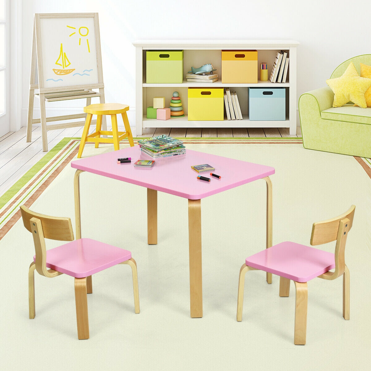 3 Piece Kids Wooden Activity Table and 2 Chairs Set-Pink Kids Crystal
