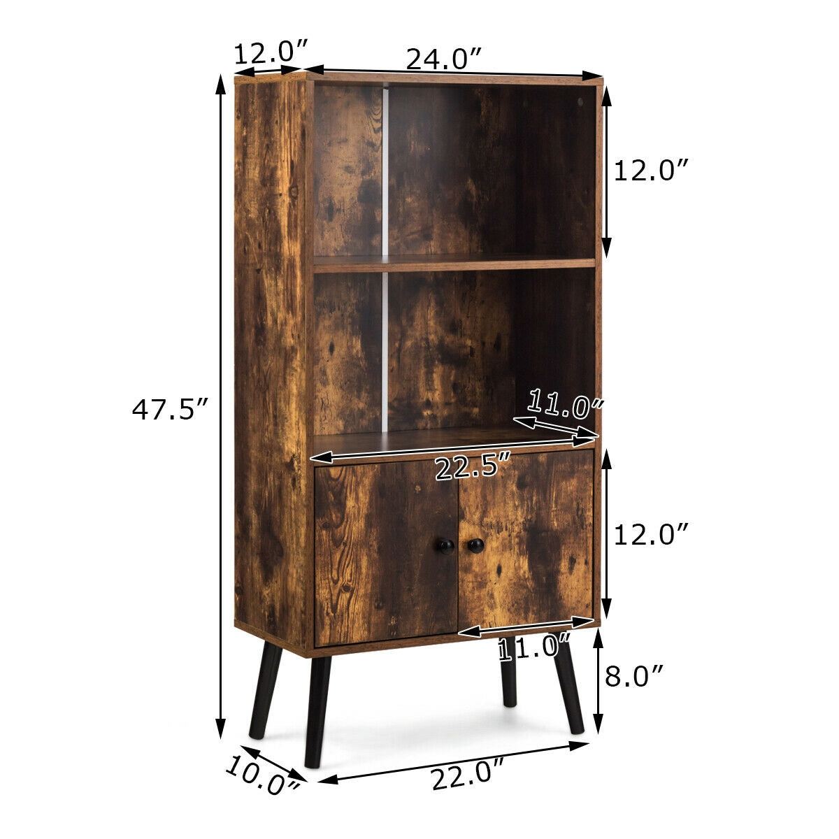 2-Tier Retro Bookcase Bookshelf with 3 Compartment-Coffee Kids Crystal