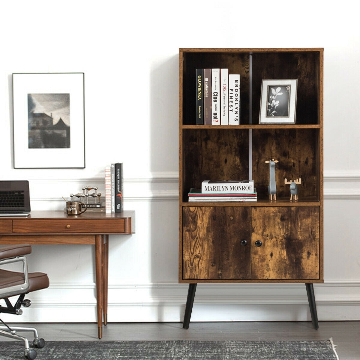 2-Tier Retro Bookcase Bookshelf with 3 Compartment-Coffee Kids Crystal