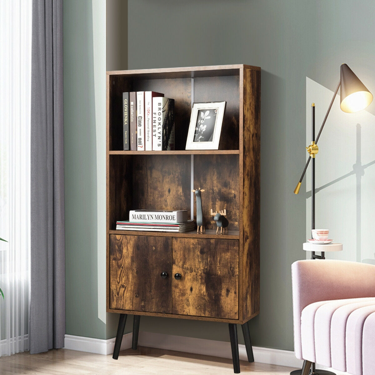2-Tier Retro Bookcase Bookshelf with 3 Compartment-Coffee Kids Crystal