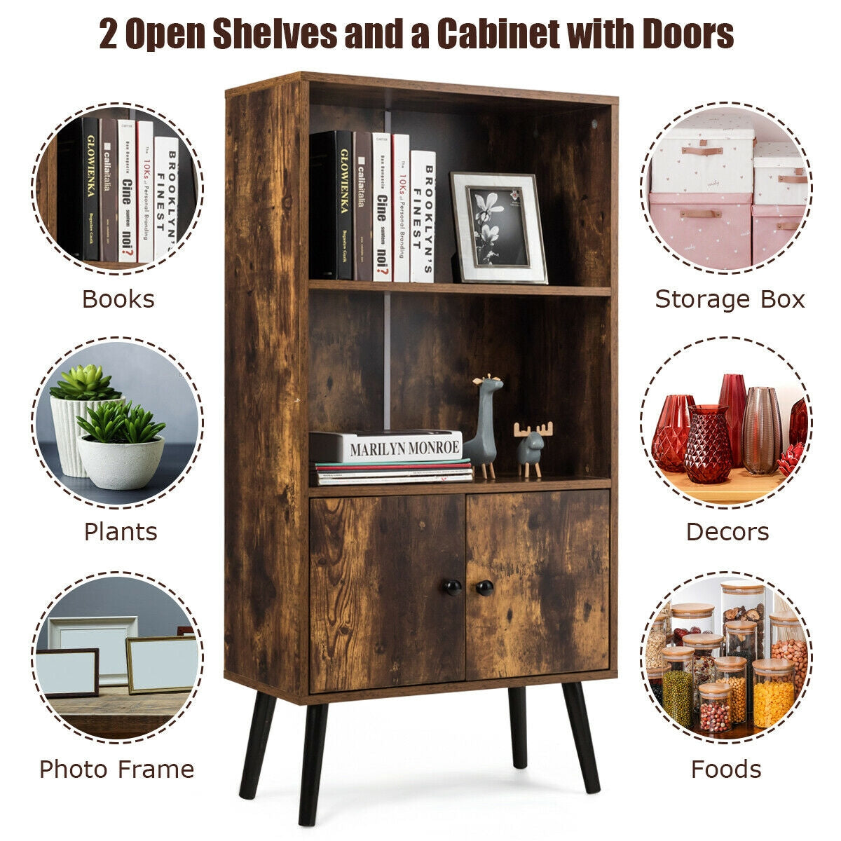 2-Tier Retro Bookcase Bookshelf with 3 Compartment-Coffee Kids Crystal