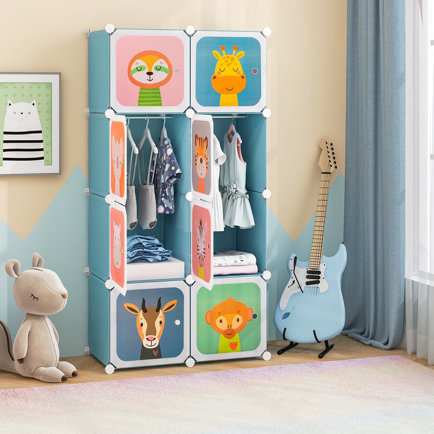 8-Cube Kids Wardrobe Closet with Clothes Hanging Section and Doors-Blue Kids Crystal