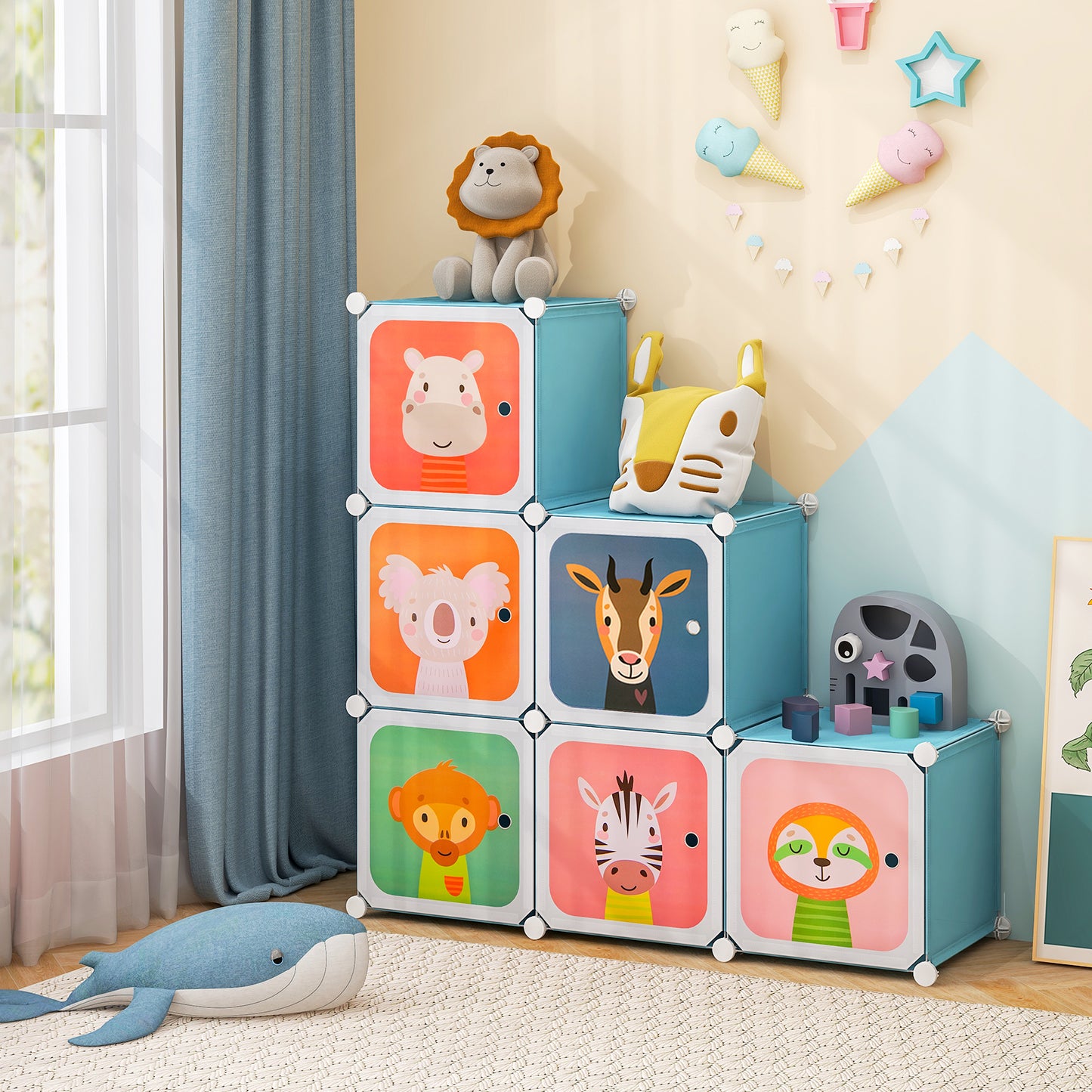 8-Cube Kids Wardrobe Closet with Clothes Hanging Section and Doors-Blue Kids Crystal