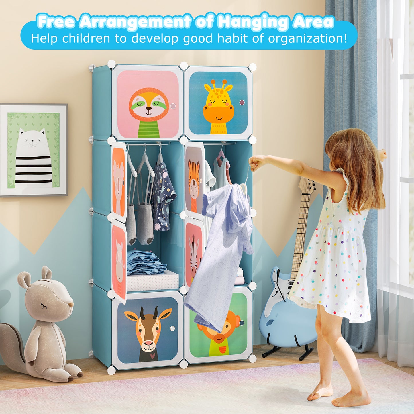 8-Cube Kids Wardrobe Closet with Clothes Hanging Section and Doors-Blue Kids Crystal
