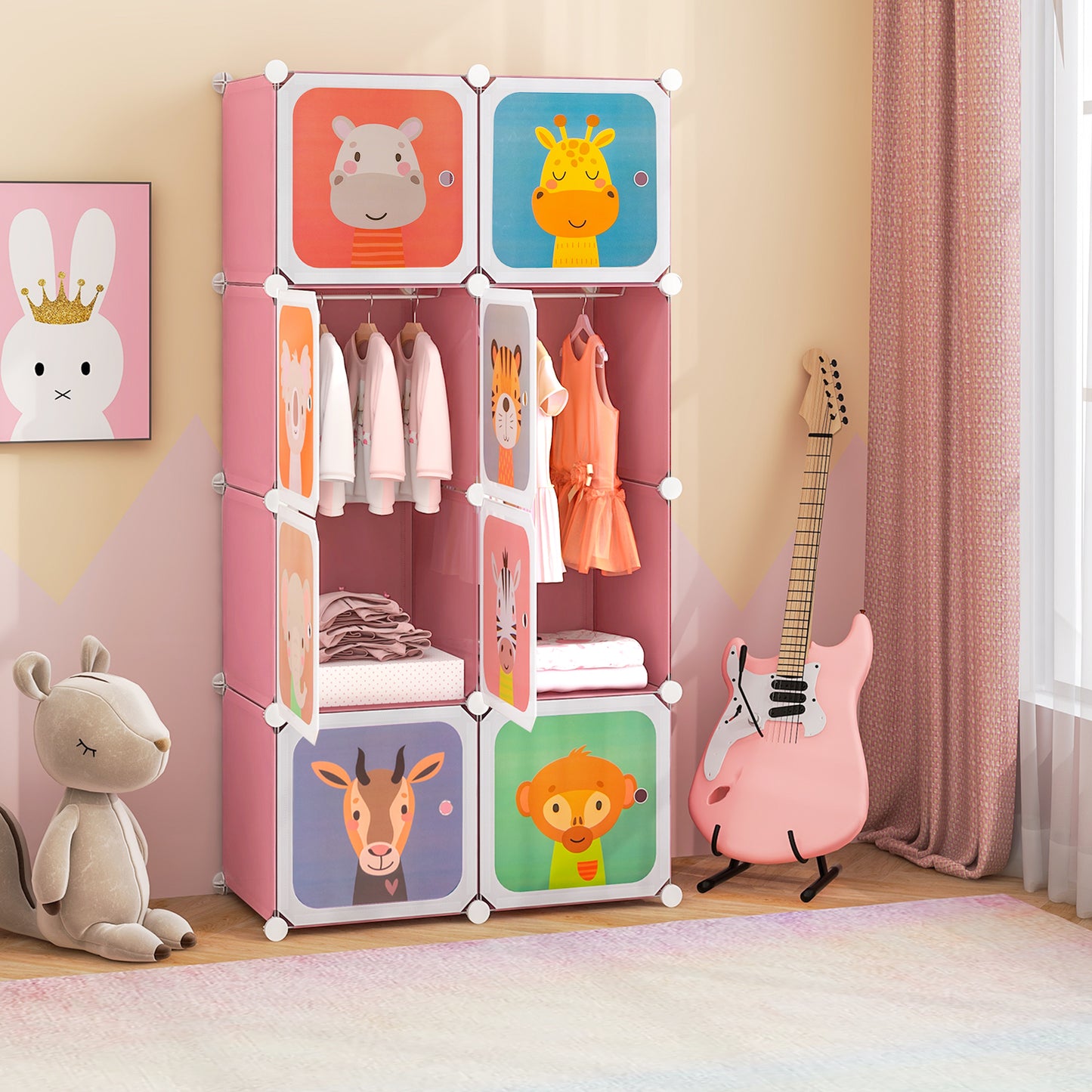 8-Cube Kids Wardrobe Closet with Clothes Hanging Section and Doors-Pink Kids Crystal