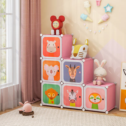 8-Cube Kids Wardrobe Closet with Clothes Hanging Section and Doors-Pink