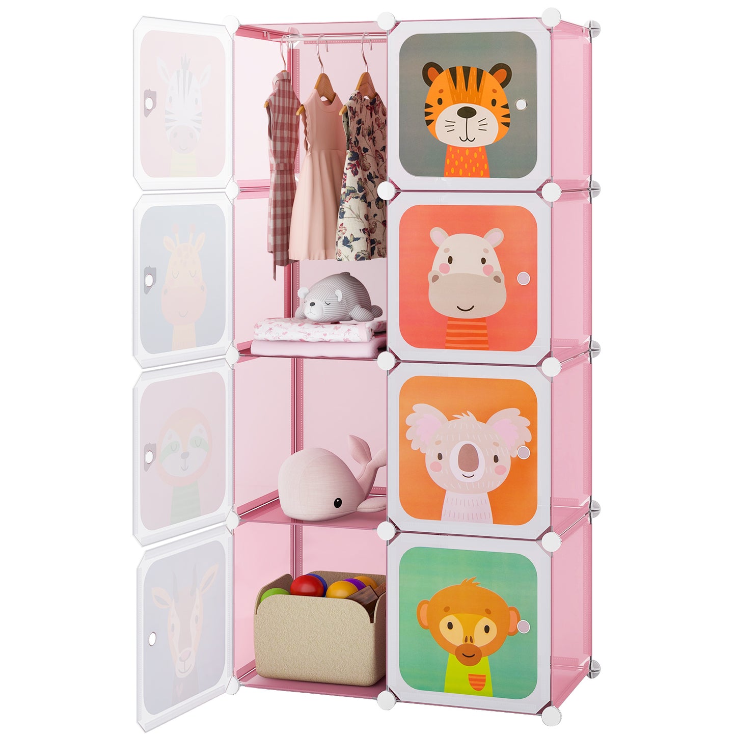 8-Cube Kids Wardrobe Closet with Clothes Hanging Section and Doors-Pink Kids Crystal