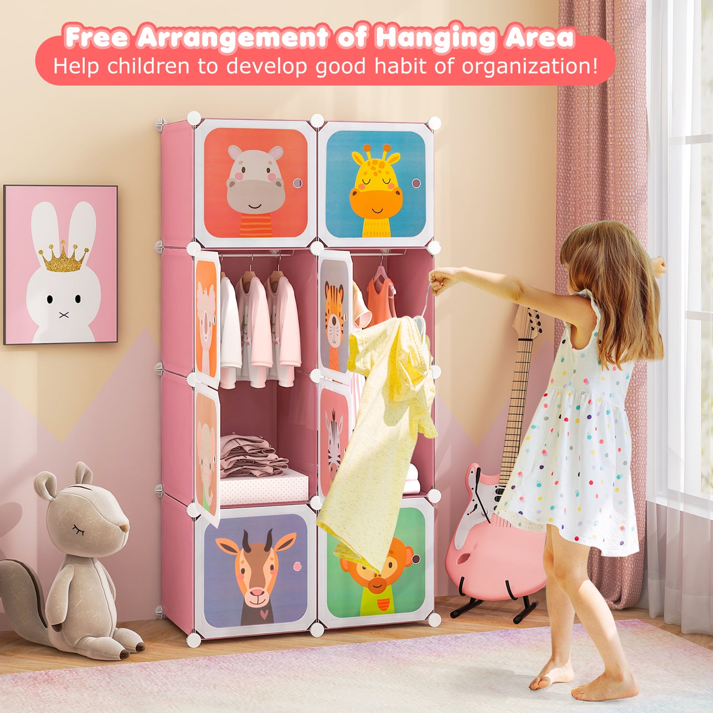 8-Cube Kids Wardrobe Closet with Clothes Hanging Section and Doors-Pink Kids Crystal