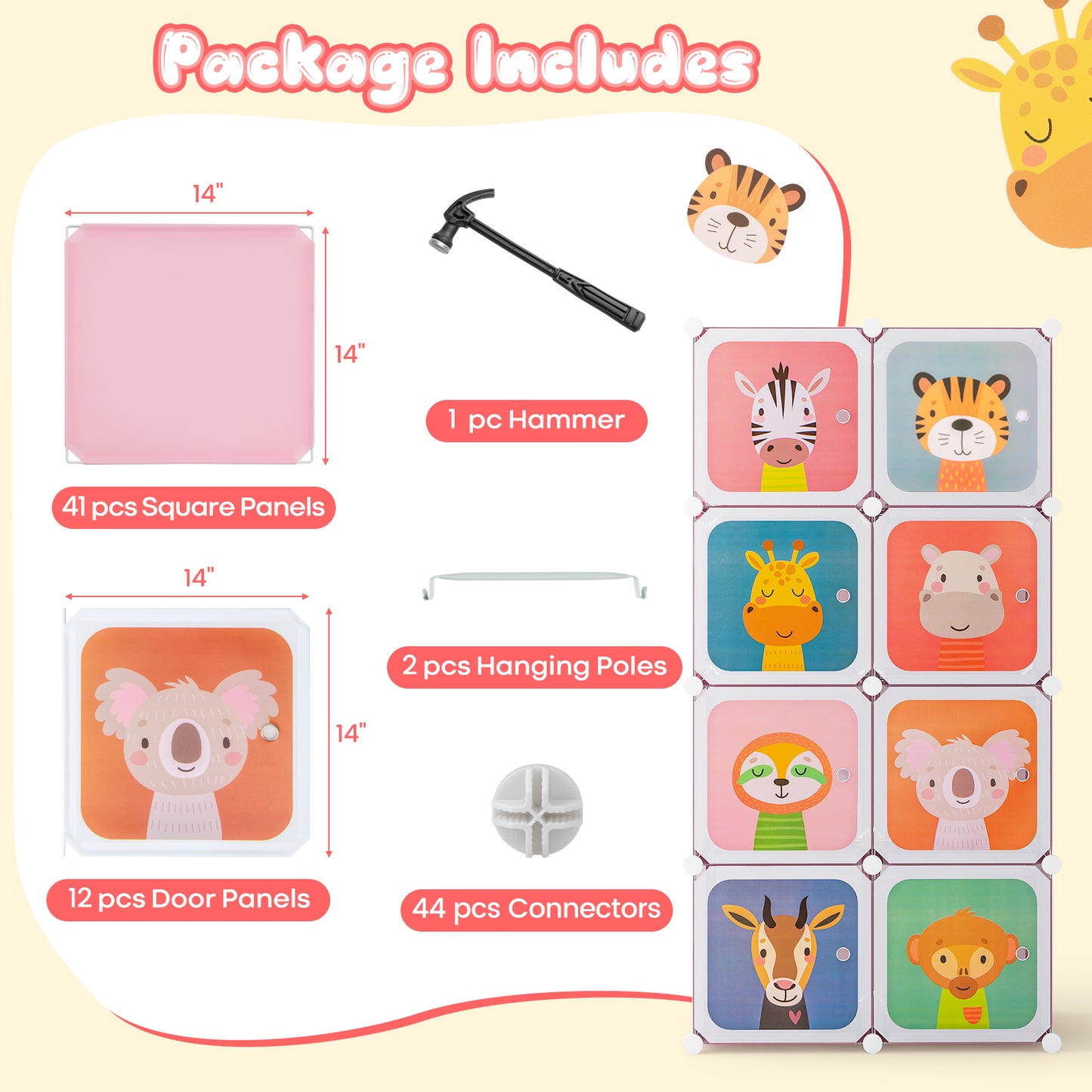 8-Cube Kids Wardrobe Closet with Clothes Hanging Section and Doors-Pink Kids Crystal