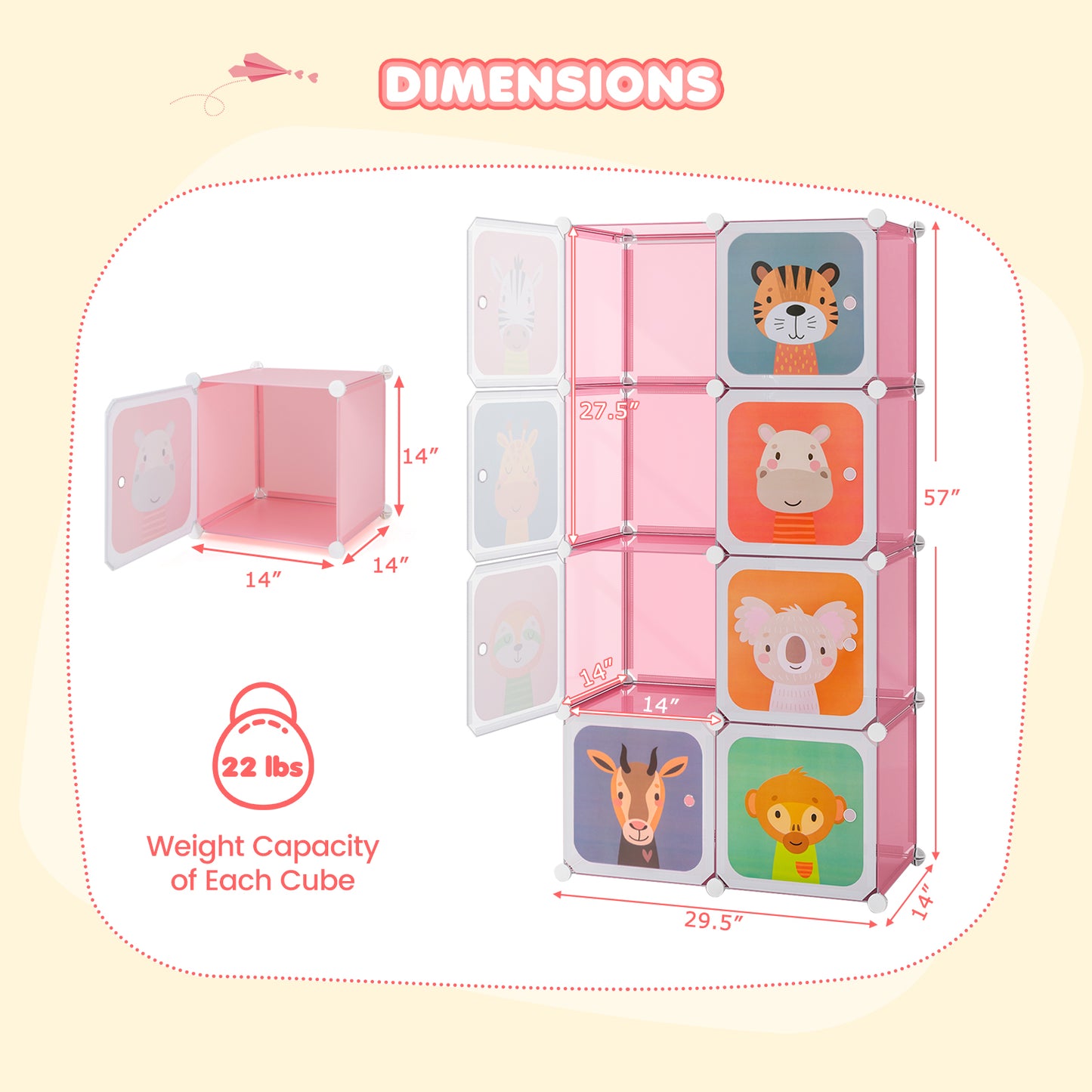 8-Cube Kids Wardrobe Closet with Clothes Hanging Section and Doors-Pink Kids Crystal