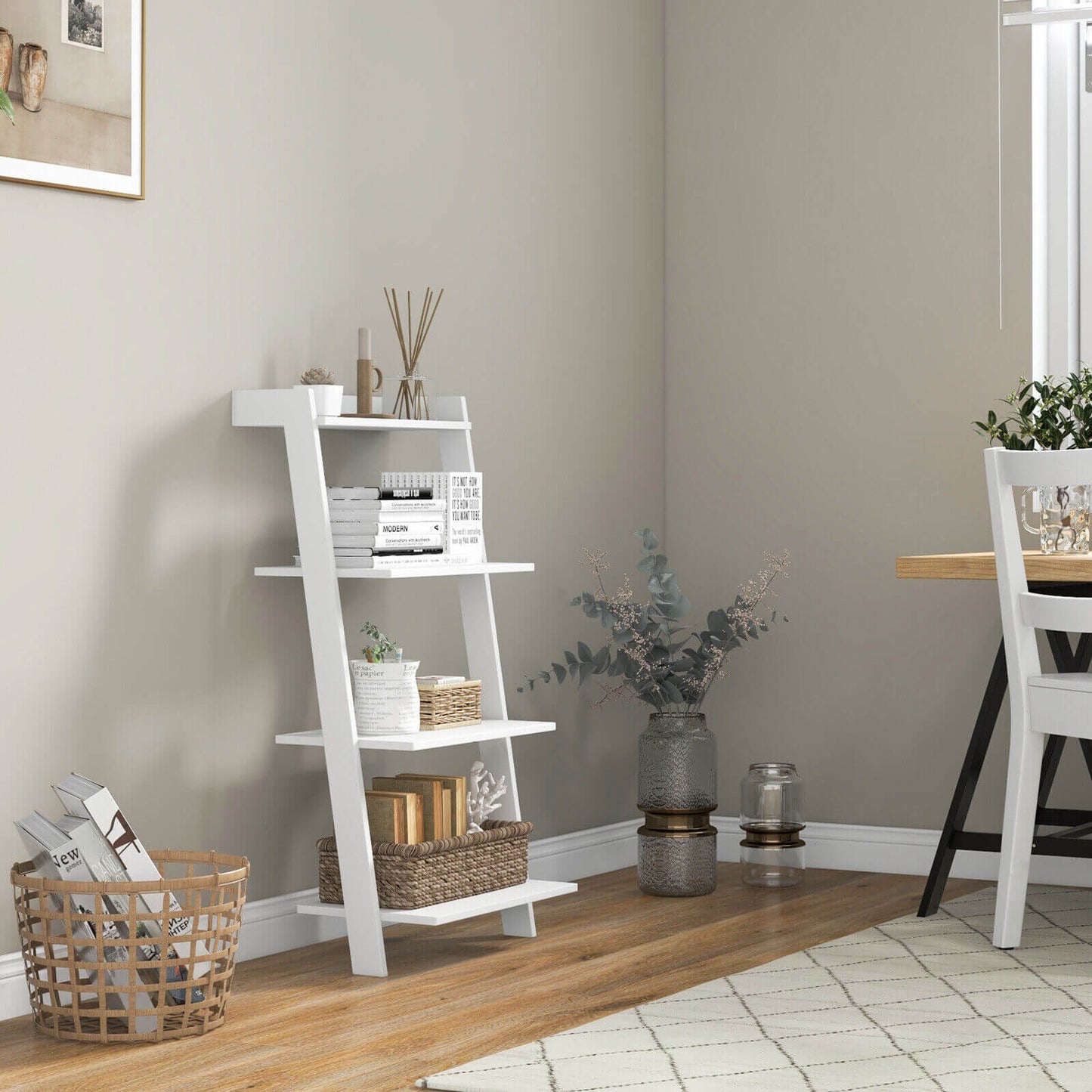 4-Tier Ladder Shelf with Solid Frame and Anti-toppling Device-White Kids Crystal