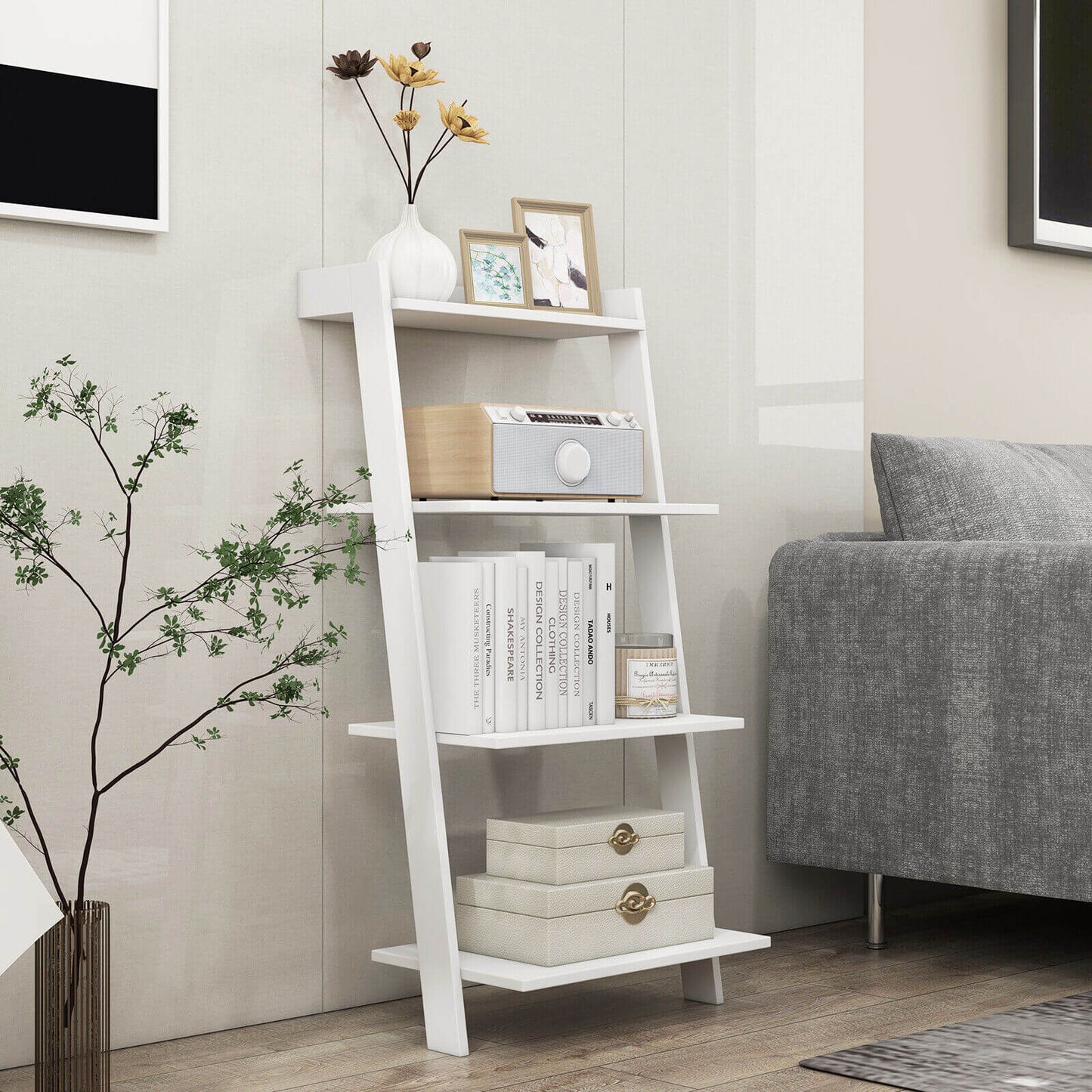 4-Tier Ladder Shelf with Solid Frame and Anti-toppling Device-White Kids Crystal