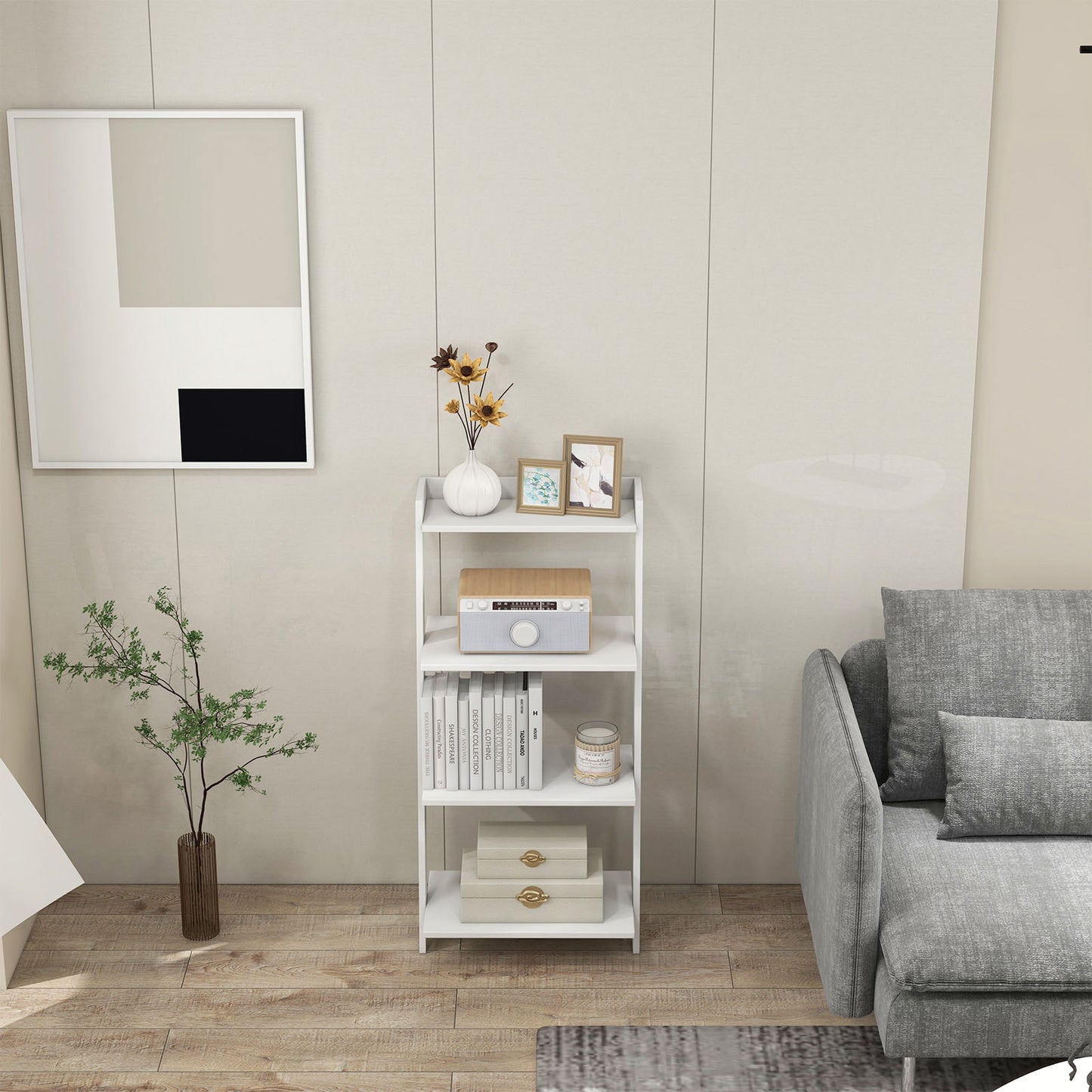 4-Tier Ladder Shelf with Solid Frame and Anti-toppling Device-White Kids Crystal