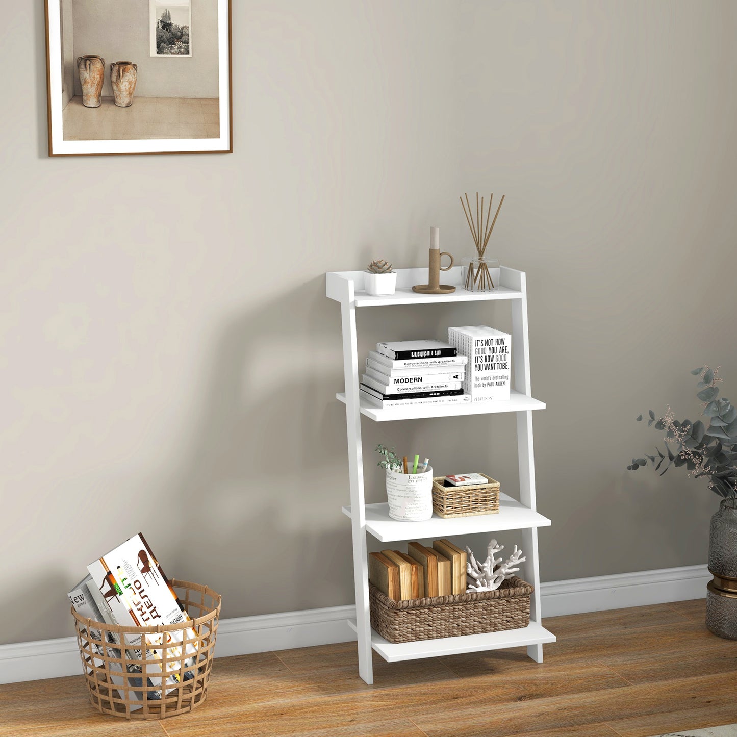 4-Tier Ladder Shelf with Solid Frame and Anti-toppling Device-White Kids Crystal