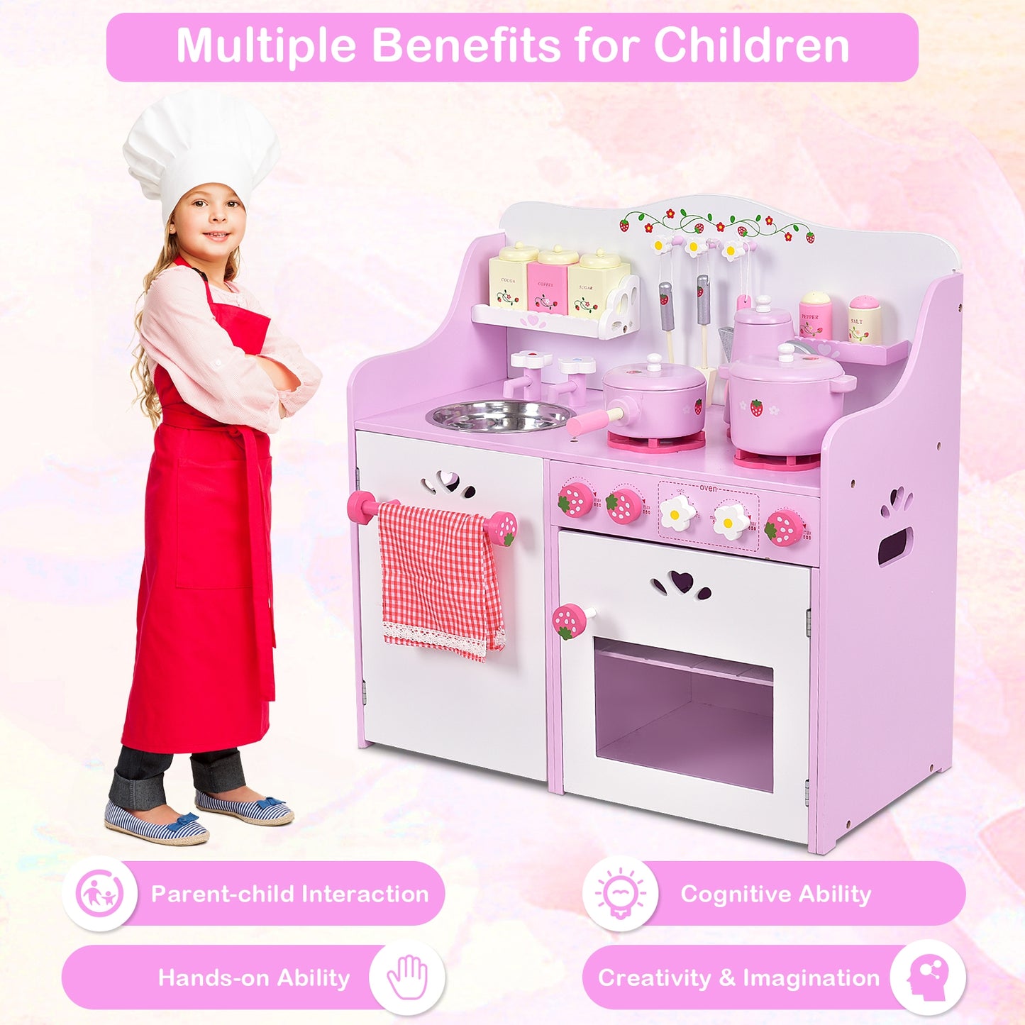 Kids Wooden Kitchen Toy Strawberry Pretend Cooking Playset Kids Crystal