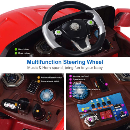6 V Kids Ride on Car w/ RC + LED Lights + MP3- Red
