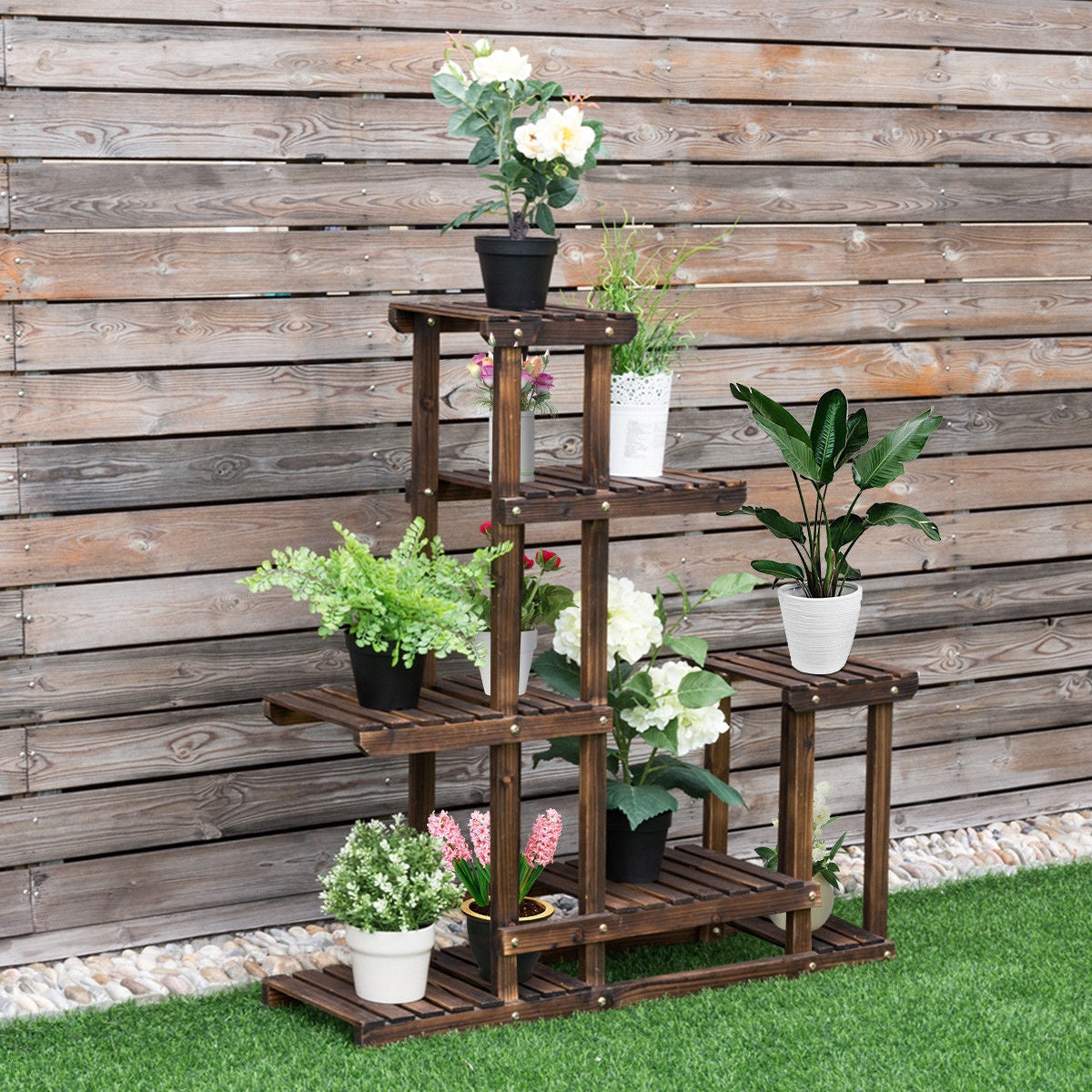 6-Tier Garden Wooden Plant Flower Stand Shelf for Multiple Plants Indoor or Outdoor Kids Crystal
