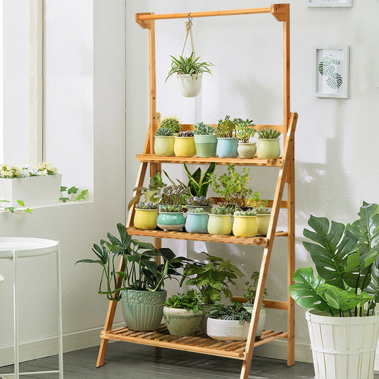 3 Tiers Bamboo Hanging Folding Plant Shelf Stand Kids Crystal