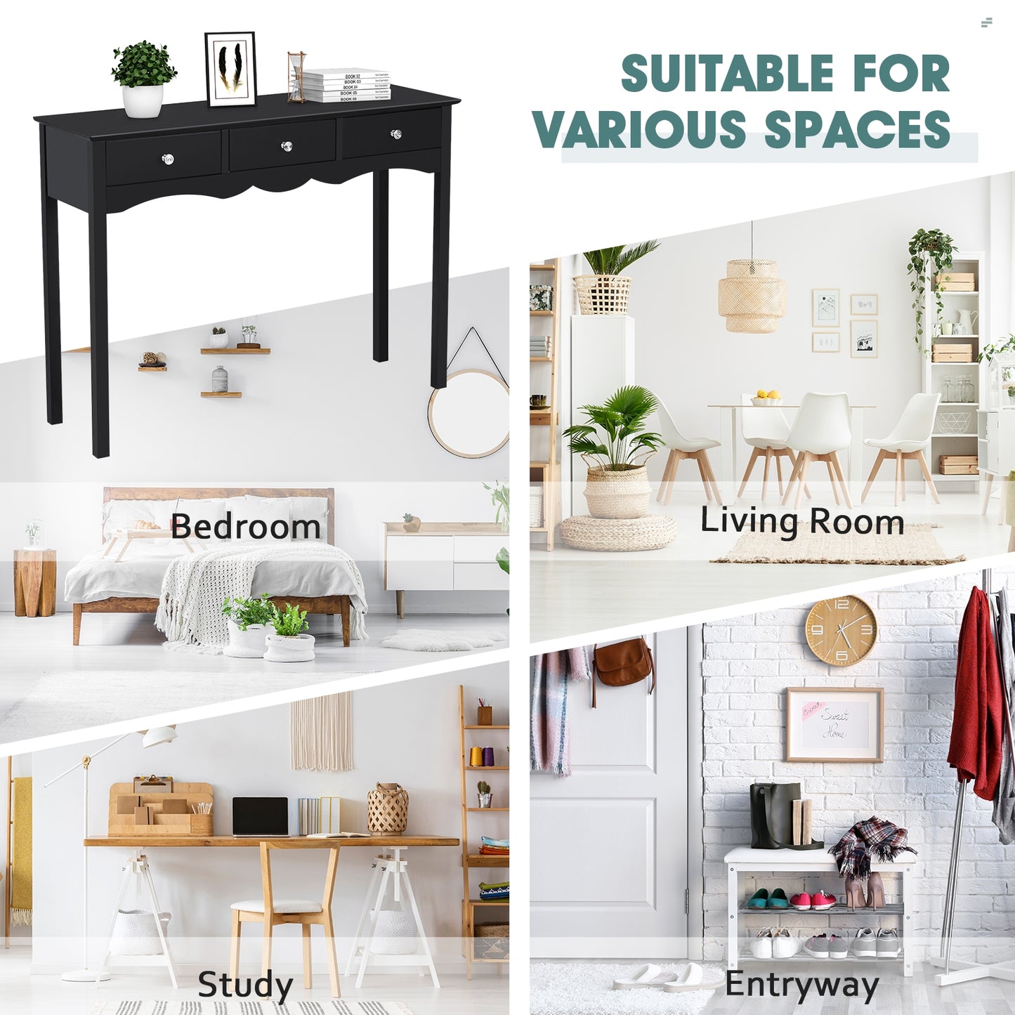 Hall table Side Table w/ 3 Drawers-Black Kids Crystal