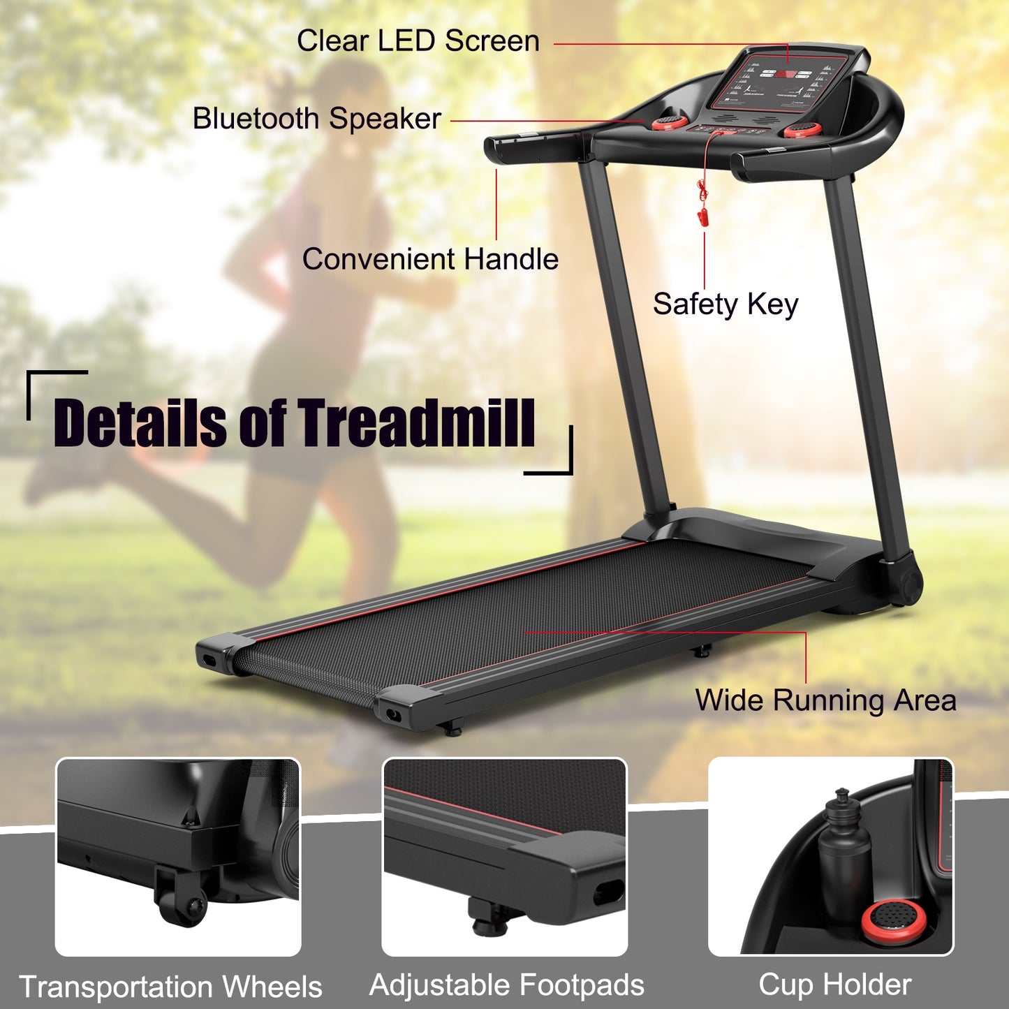 2.25HP Electric Running Machine Treadmill with Speaker and APP Control-Red Kids Crystal