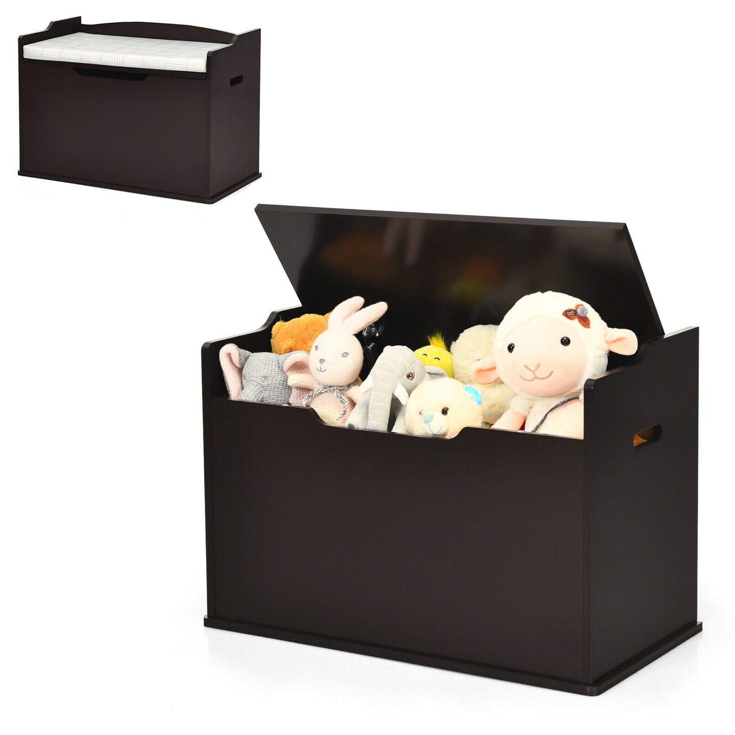 Kids Toy Wooden Flip-top Storage Box Chest Bench with Cushion Hinge-Brown Kids Crystal