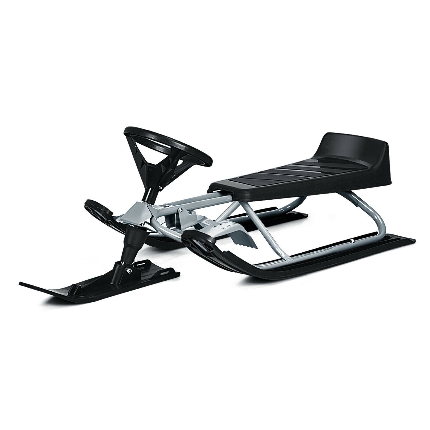 Kids Snow Sled with Steering Wheel and Double Brakes Pull Rope-Black Kids Crystal