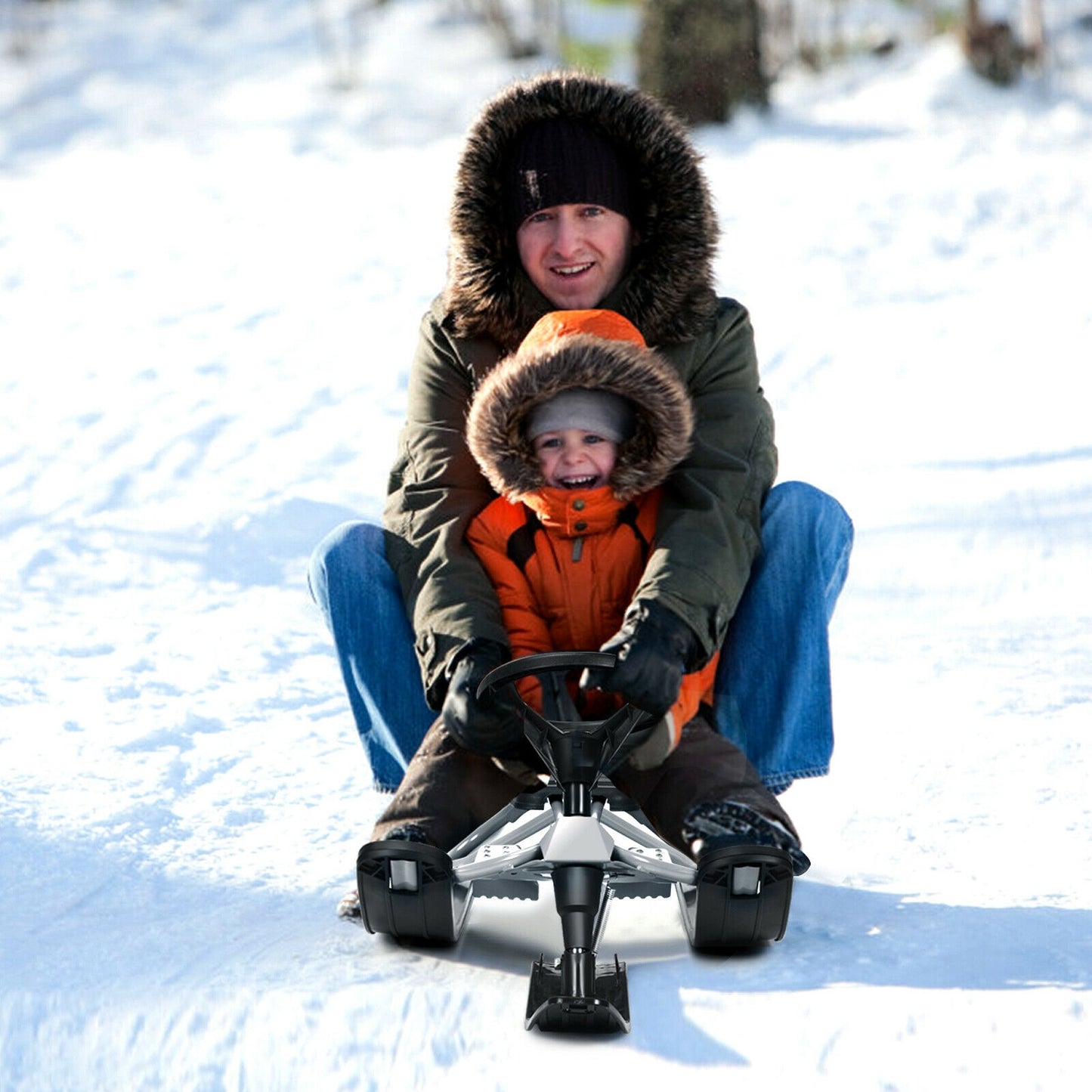 Kids Snow Sled with Steering Wheel and Double Brakes Pull Rope-Black Kids Crystal
