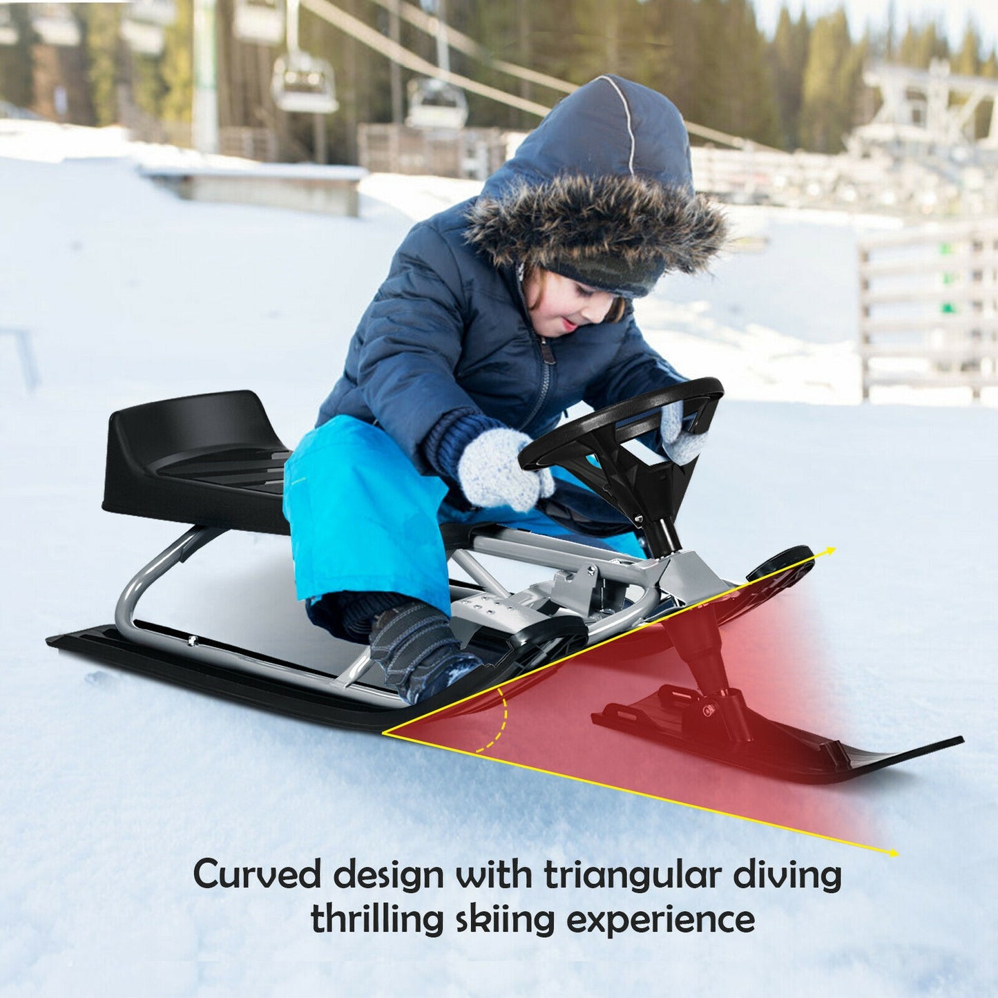 Kids Snow Sled with Steering Wheel and Double Brakes Pull Rope-Black Kids Crystal