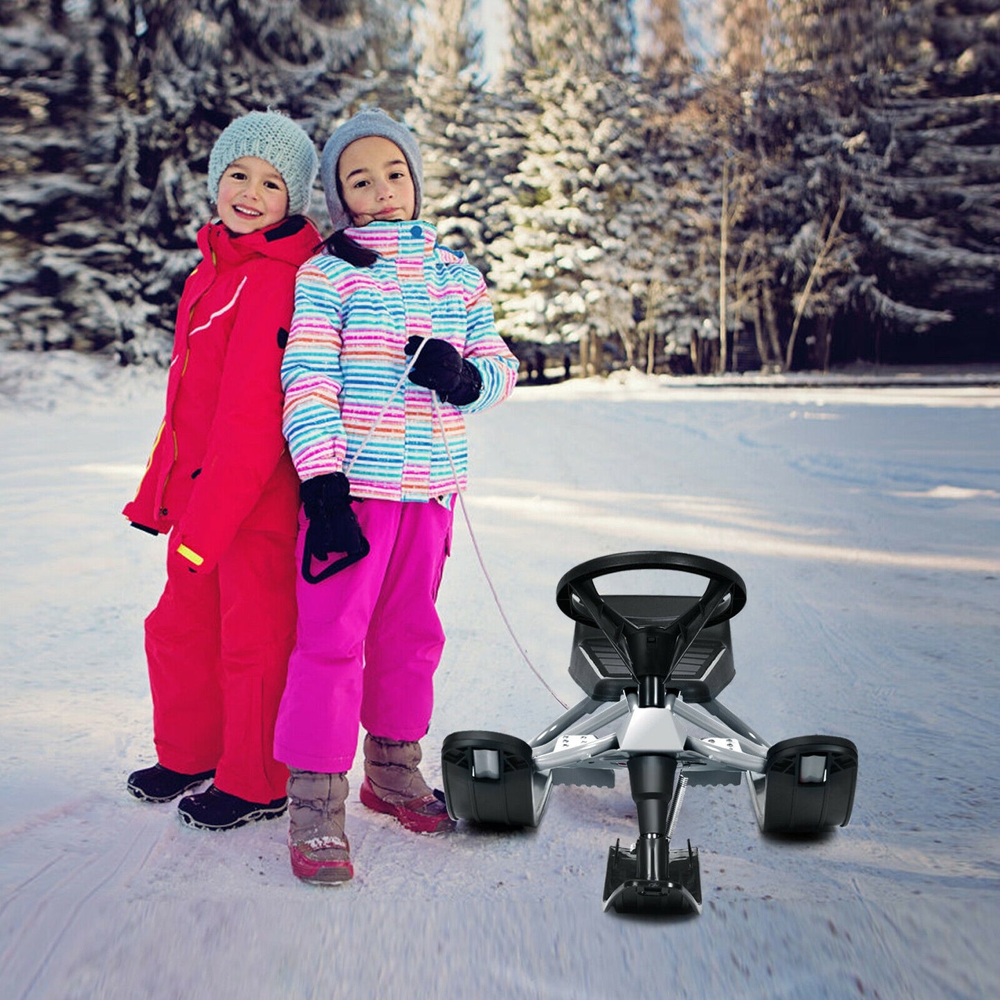 Kids Snow Sled with Steering Wheel and Double Brakes Pull Rope-Black Kids Crystal