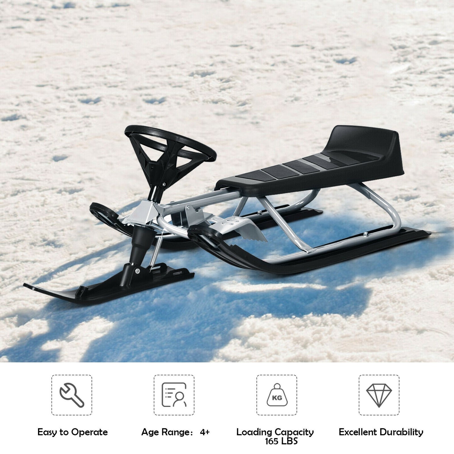 Kids Snow Sled with Steering Wheel and Double Brakes Pull Rope-Black Kids Crystal