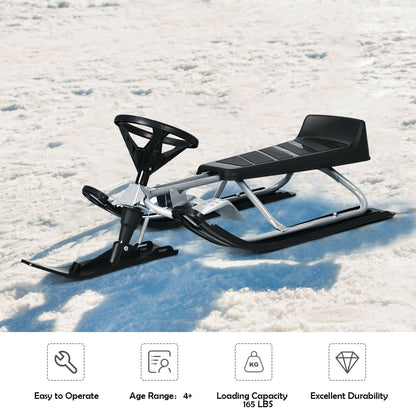 Kids Snow Sled with Steering Wheel and Double Brakes Pull Rope-Black