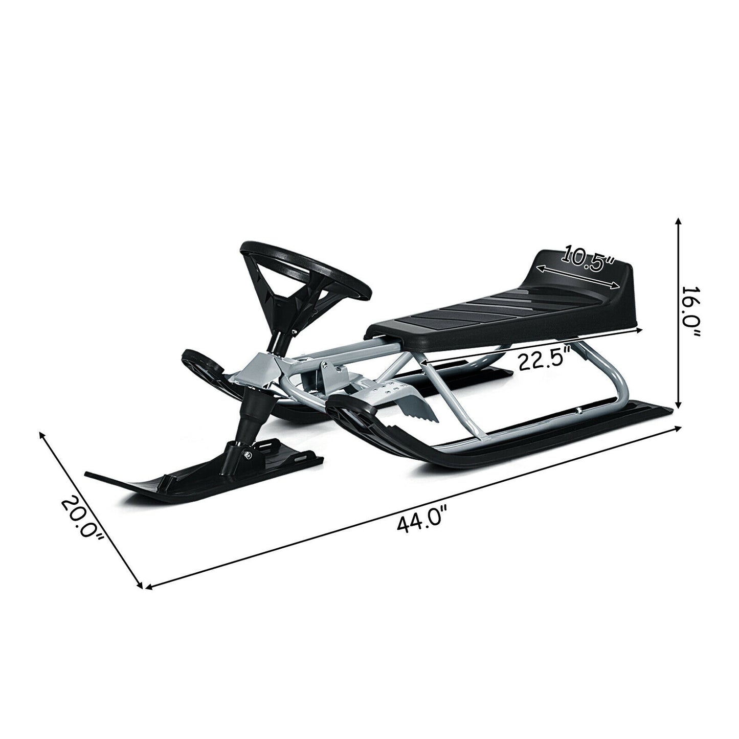 Kids Snow Sled with Steering Wheel and Double Brakes Pull Rope-Black Kids Crystal